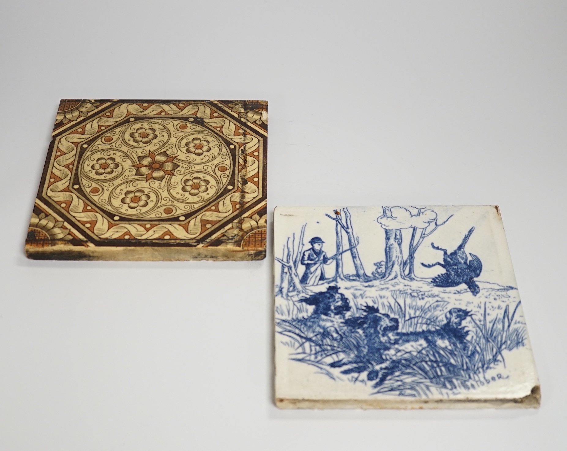 Ten Mintons Aesthetic period tiles and three Wedgwood blue and white tiles, approx 15cms square